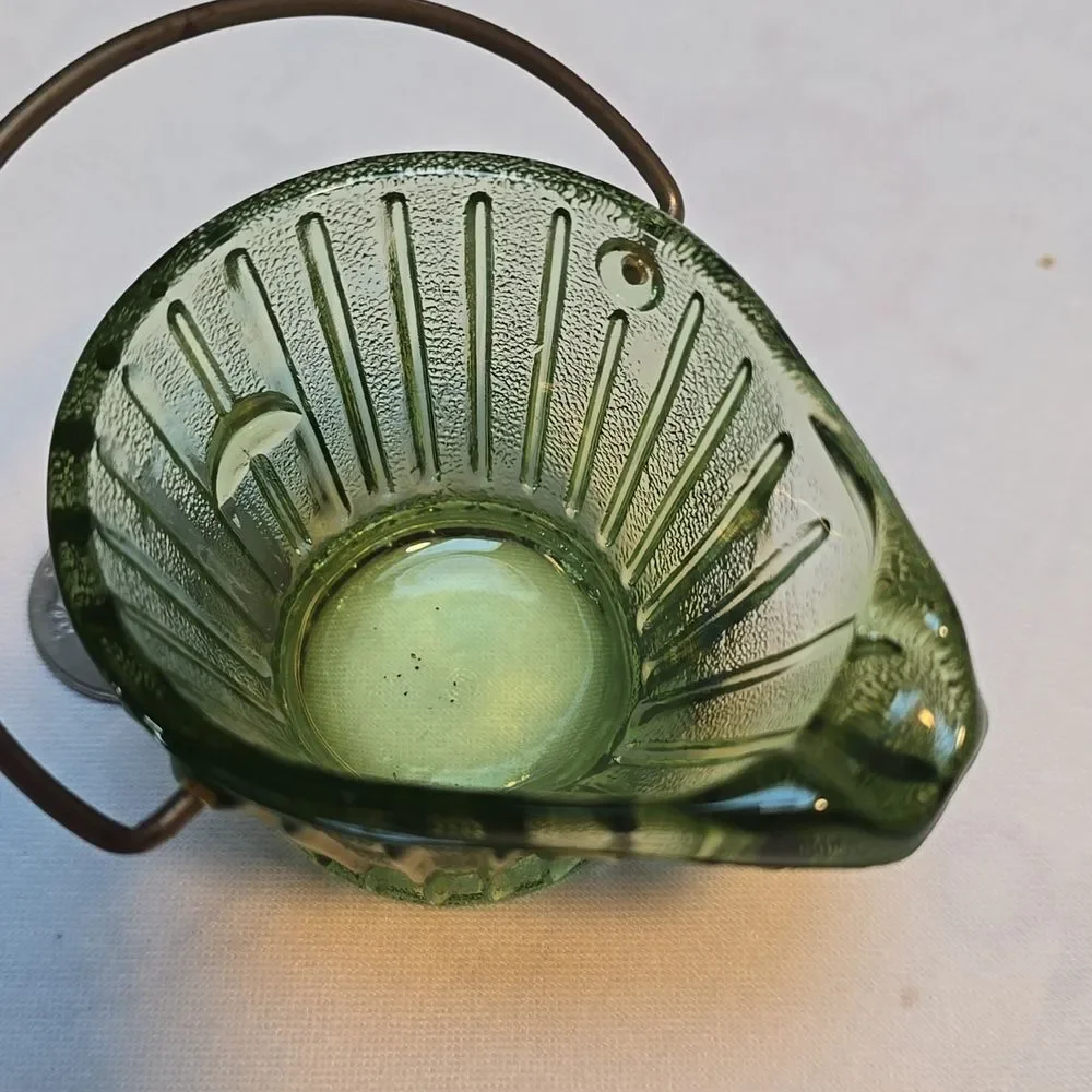 Vintage Hazel Atlas Little Coal Bucket Ashtray With Handle Green Glass 2